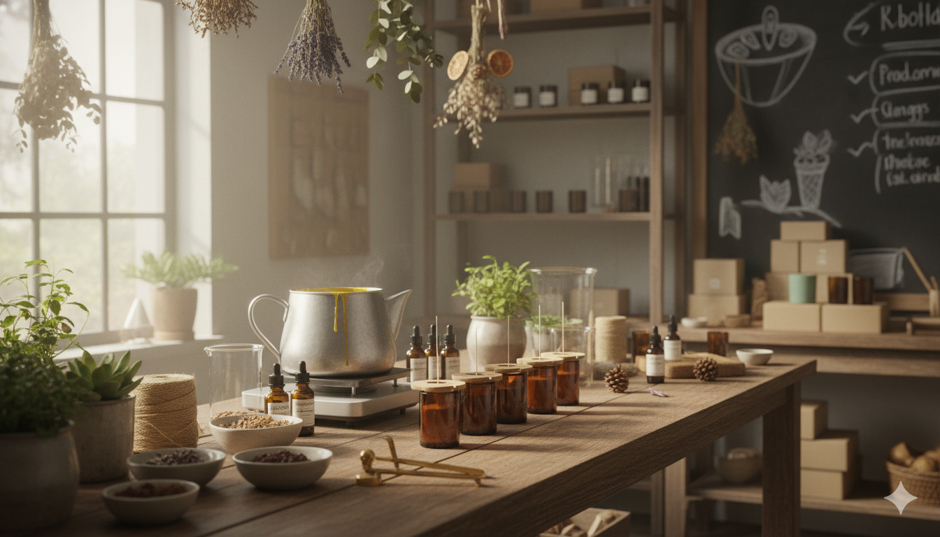 Candle making studio with natural light and botanical elements