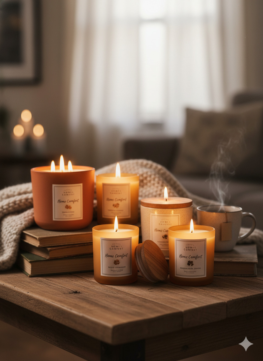 Home comfort candle collection with warm lighting